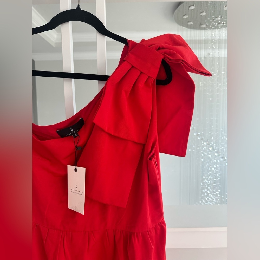 Abbey Glass Fiery Red One Shoulder Bow Accent Dress - Picture 5 of 8